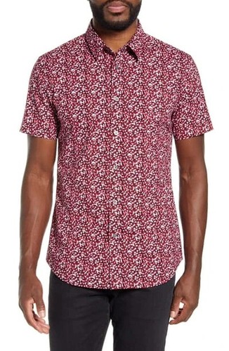 John Varvatos Doug Slim Fit Short Sleeve Button Up In Raspberry Size: Large - 第 1/5 張圖片