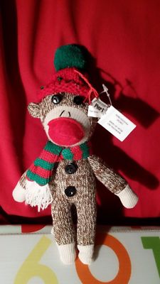 NWT 9.5'' Sock Monkey Stuffed Animal Brown w/Red Green Scarf/Hat Pier1