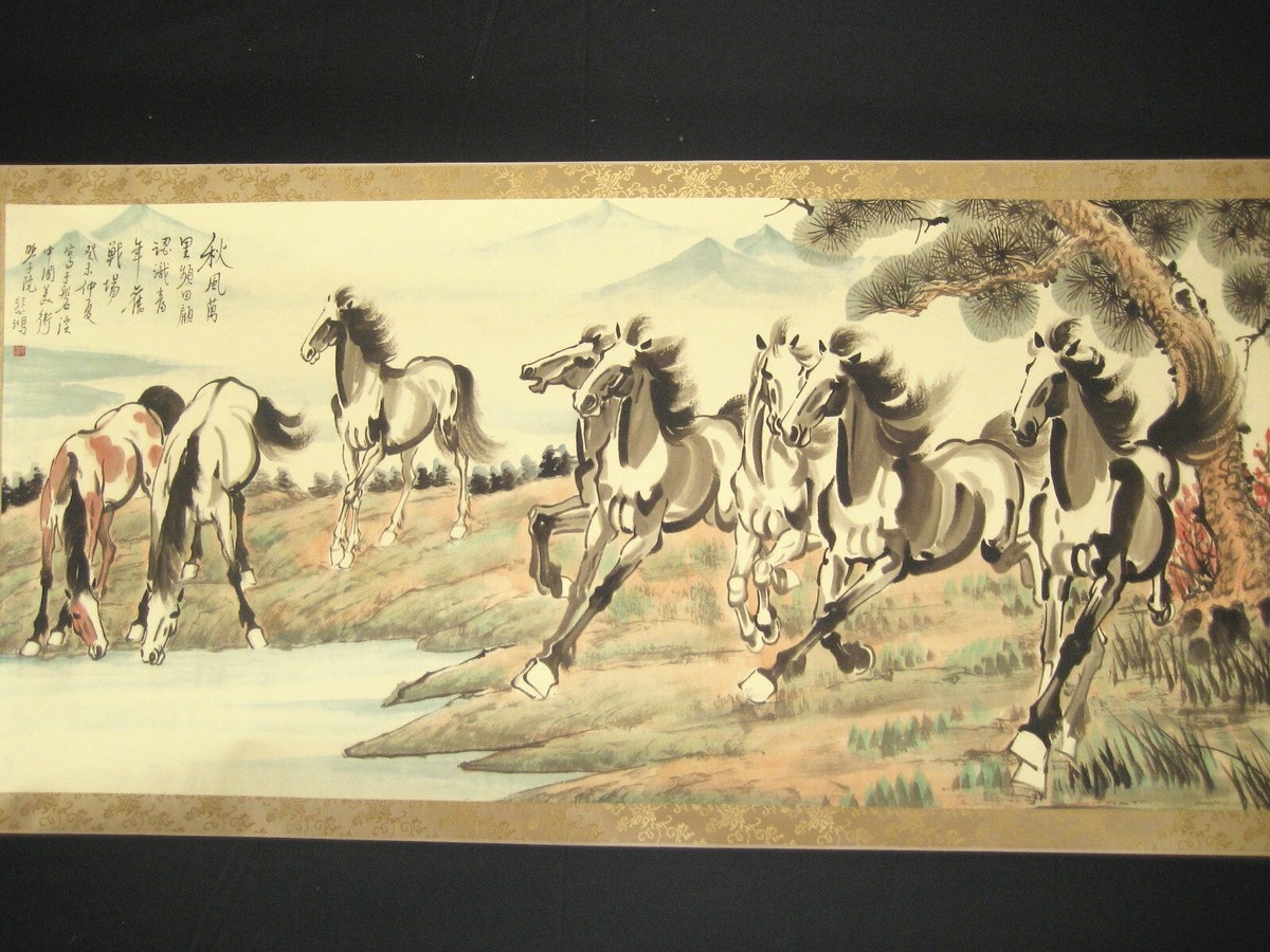 Old Chinese Antique Painting Scroll Eight Horse By Xu Beihong