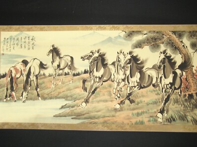 Old Chinese Antique Painting Scroll Eight Horse By Xu Beihong