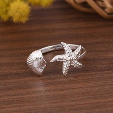 Unique Starfish & Shell Open Ring in Sterling Silver For Ocean Inspired Jewelry