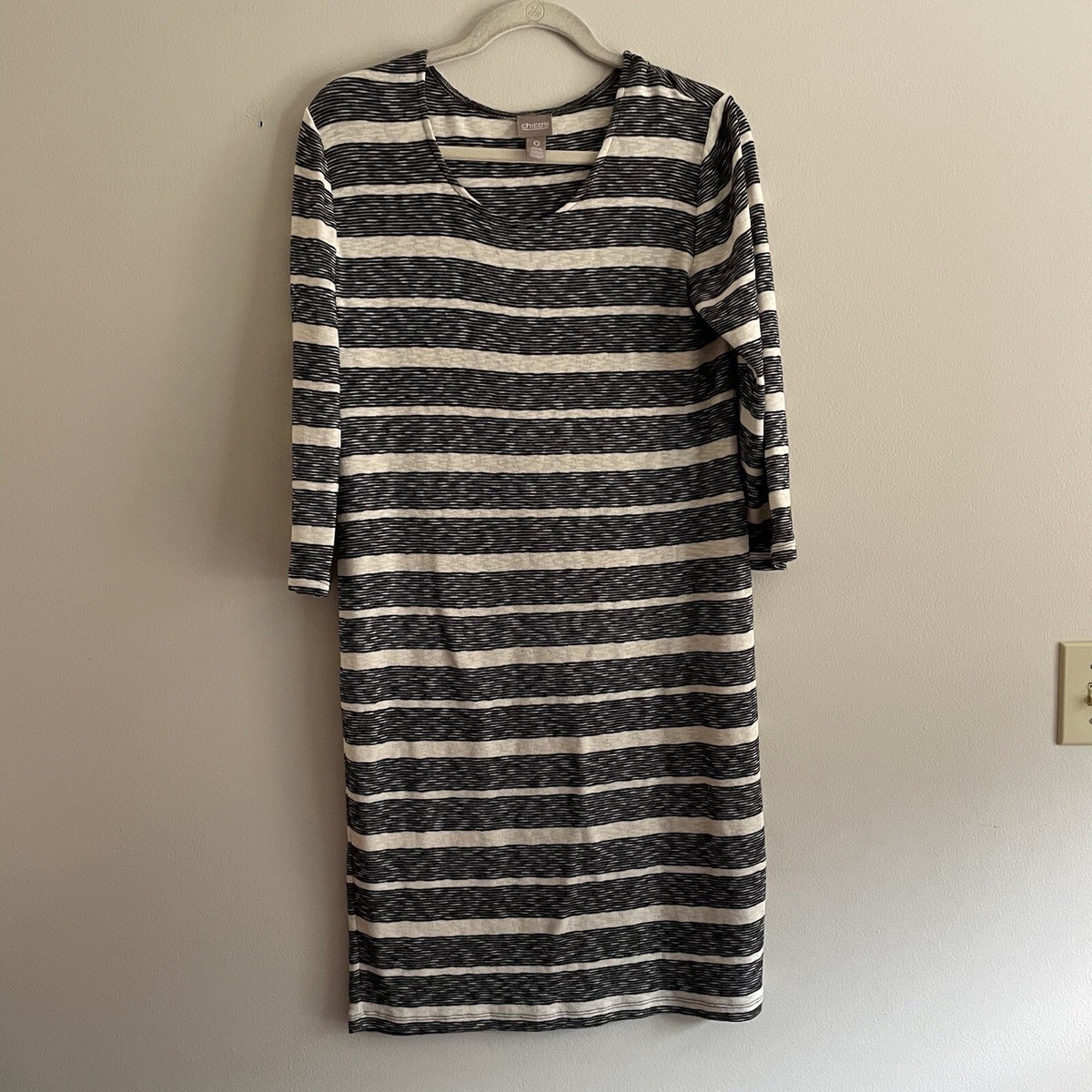 chicos ladies dresses Women SZ 0/S Black/White Striped 3/4 Sleeve Knit Sheath Dress Pakistani Designer Suits