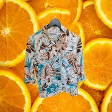 Alfred Dunner Aqua and Tan Palm Button Down Shirt Suze 8P