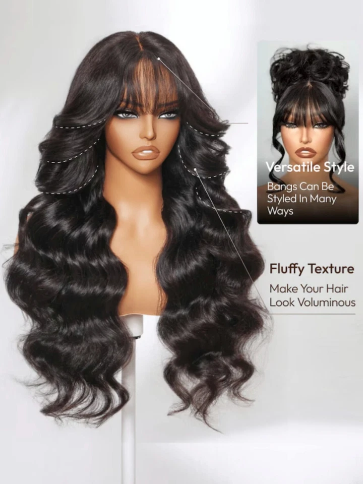 UNice 7x5 Bye-Bye Knots Lace Frontal Black Fluffy Loose Wave Curtain Bang Wig US - Image 4 of 4