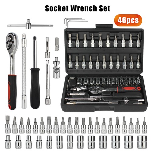 46PCS Ratchet Wrench Socket Set Spanner Tool Kit Metric / SAE 1/4" Hand Tool Set - Picture 2 of 14