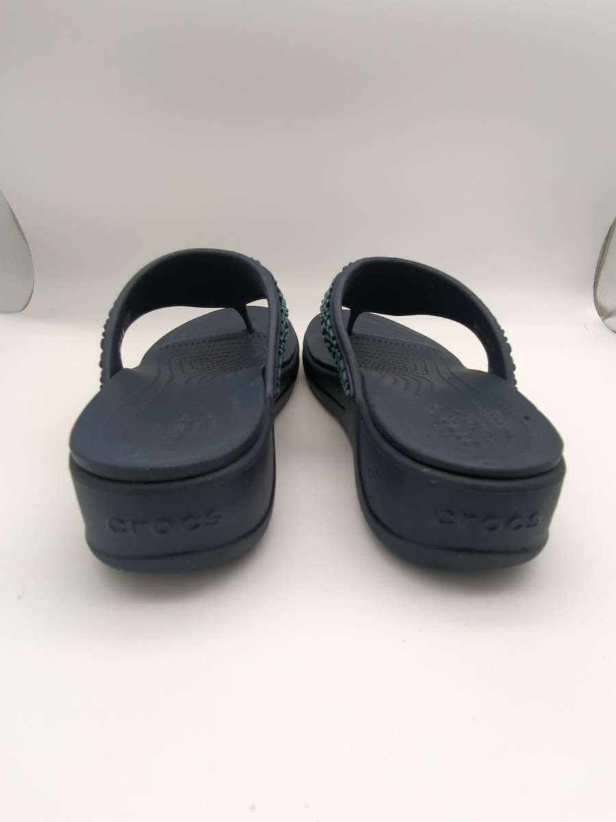 Crocs モントレー シマー スリップオンウェッジW7⭐️希少❣️ Crocs Monterey Diamante Blue Slip On Sandals Wedge Heel Flip