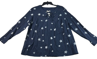 Style and Co Blouse Womens Plus size 1X Navy Blue Star Print Lace up Neck New