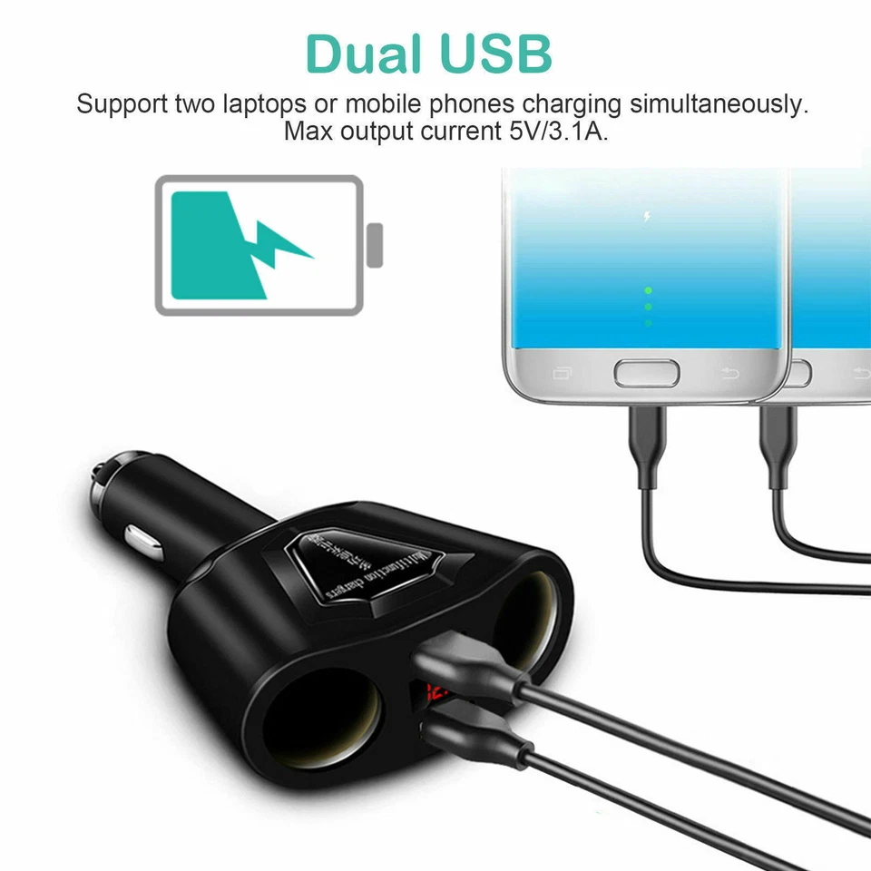 Car LCD Cigarette Lighter Socket Splitter Dual USB Charger Power Adapter DC 12V - Image 4 of 4