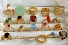 Vtg Ring Lot Gold Plate Costume Jewelry Multi-Color Faux Amber / Jade / Gemstone