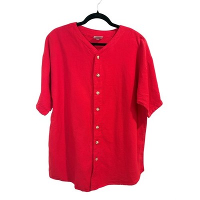 Aries & Taurus Red Button Up Shirt Women XS Cotton Short Sleeve V-Neck Casual