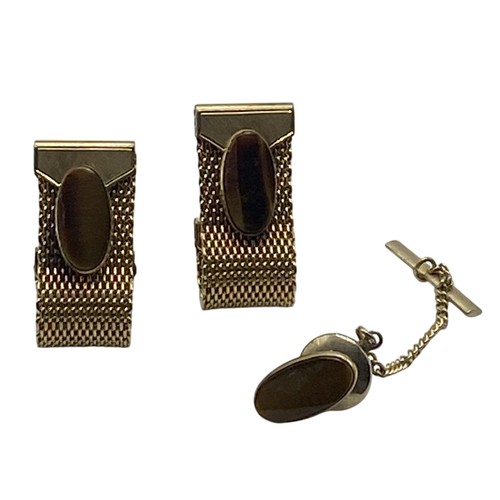 Gold Tone Brown Tigers Eye Oval Mesh Cufflinks Tie Pin Set Mens Dress Jewelry