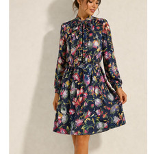 J.Crew Navy Floral Tie Neck Dress Long Sleeve Elastic Waist Size S