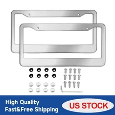 2PCS Chrome Stainless Steel Metal License Plate Frame Tag Cover With Screw Caps