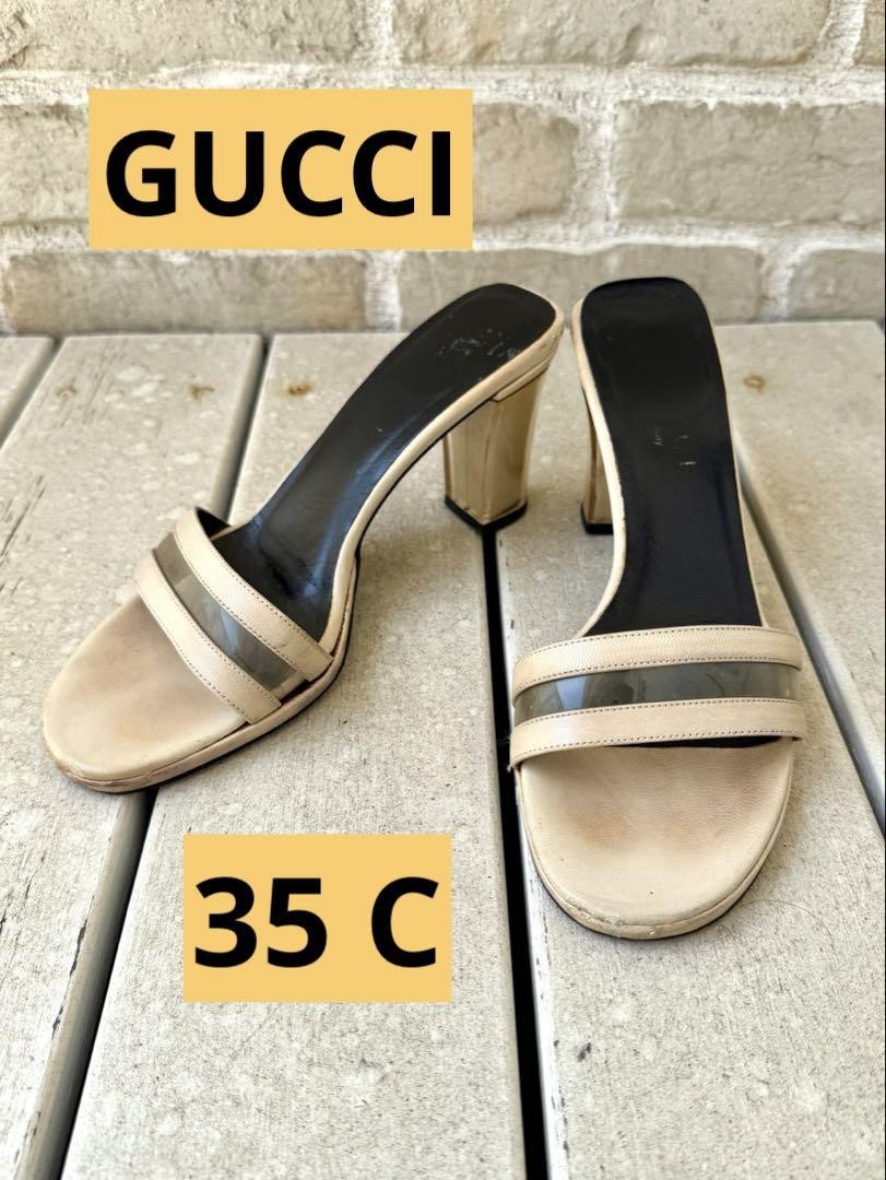 Gucci Beige Women Heel Mule Sandals Size 35 Ag1114 Preowned
