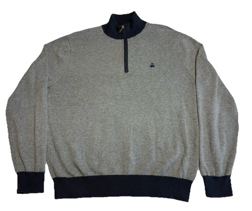 Brooks Brothers 346 Sweater 1/4 Zip Grey Blue Cotton Cashmere Mens Size Large