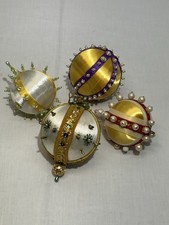 Set Of 4 Vintage White  Gold Beaded Satin Sequin Christmas Ornaments Push Pin