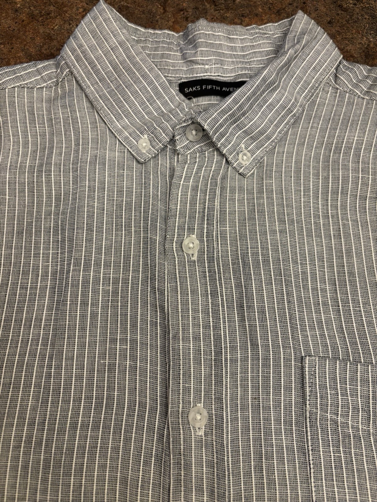 Vintage Saks Fifth Avenue Men Button Down Gray Stripe Linen Short Sleeve Shirt