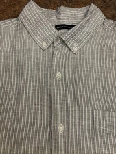 Vintage Saks Fifth Avenue Men Button Down Gray Stripe Linen Short Sleeve Shirt