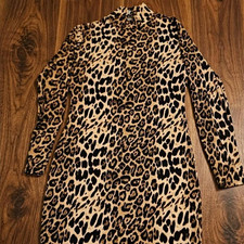 DAY&NIGHT Women’s Size L Beige Black Leopard Sheath Dress Mock Neck Keyhole