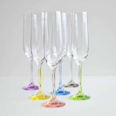 Crystalex Bohemia Set of 6 Crystal Champagne Flutes Rainbow Colored Stems 6.5 oz