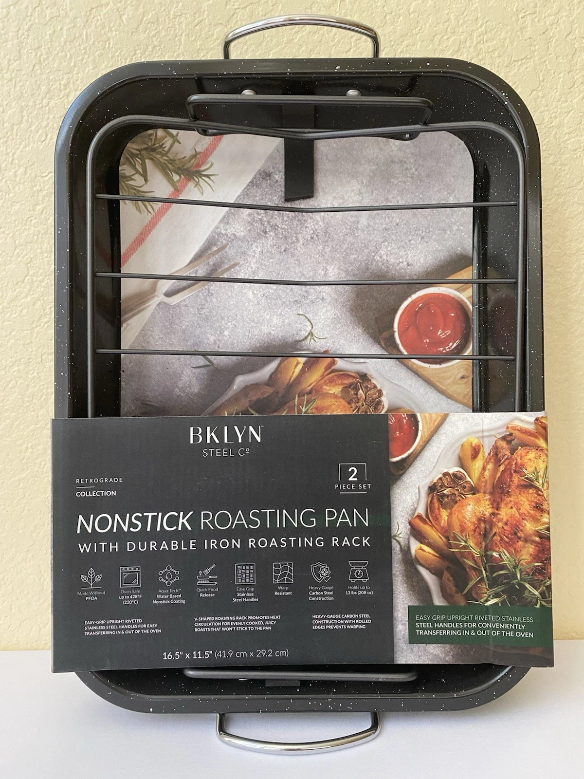 Brooklyn Steel Nonstick Roasting Pan 16.5 x 11.5" & Rack Black with Speckles NEW