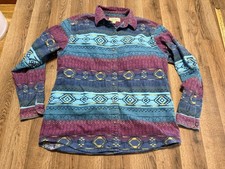 VTG Cabela's Shirts Women's Size Large Blue Aztec Flannel Long Sleeve Button Up