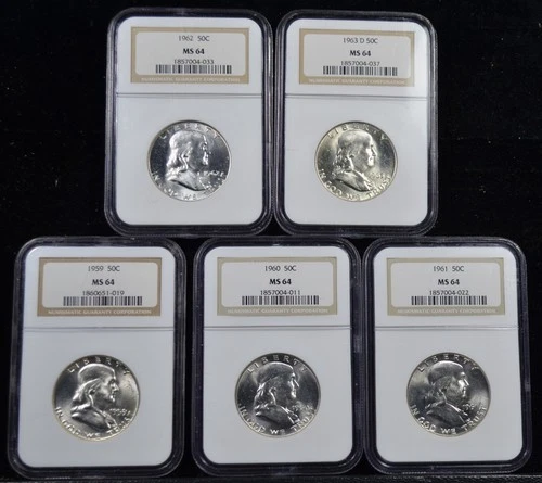 GROUP OF (5) DIFFERENT FRANKLIN HALF DOLLARS, ALL NGC MS 64, ALL HIGHLY LUSTROUS