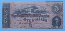 USA 5 Dollars 1864 Banknote Confederate States of America T-69 obsolete currency