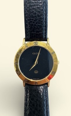 Gucci Model 3000 M Swiss Made Gold Plated Black Leather Men's Analog Dress Watch