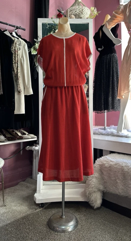 复古 70 年代 80 年代特里布毛巾长裙红色白色复古运动 M/L — 第 2/4 张图片