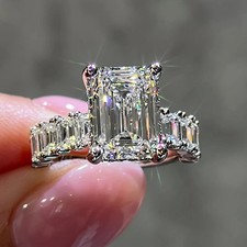 4.90TCW Emerald Cut Moissanite Hidden Halo Engagement Ring 14K White Gold Plated