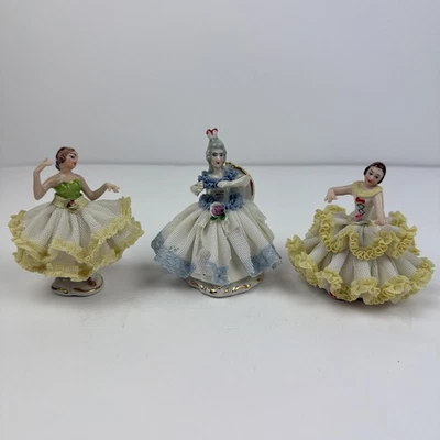 Dresden Porcelain Lace Mini Seated Ladies And Ballerina Lot of 3 Figures 3 Inch - Image 1 of 4