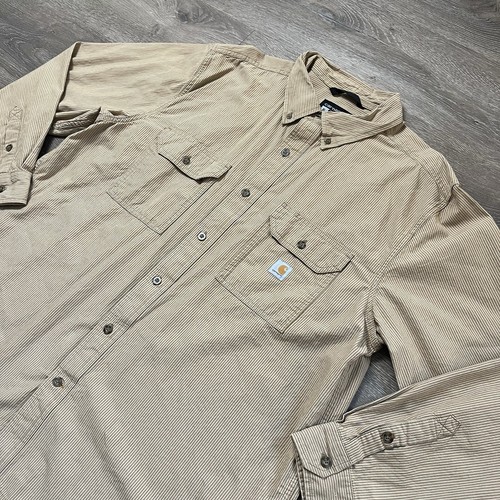 Carhartt Shirt Men’s Size XL Brown Hickory Striped Button Up Loose Chambray Work