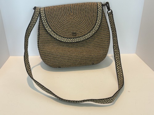 Womens Eric Javits Woven Straw Flap Brown Black Strap Crossbody Handbag Purse