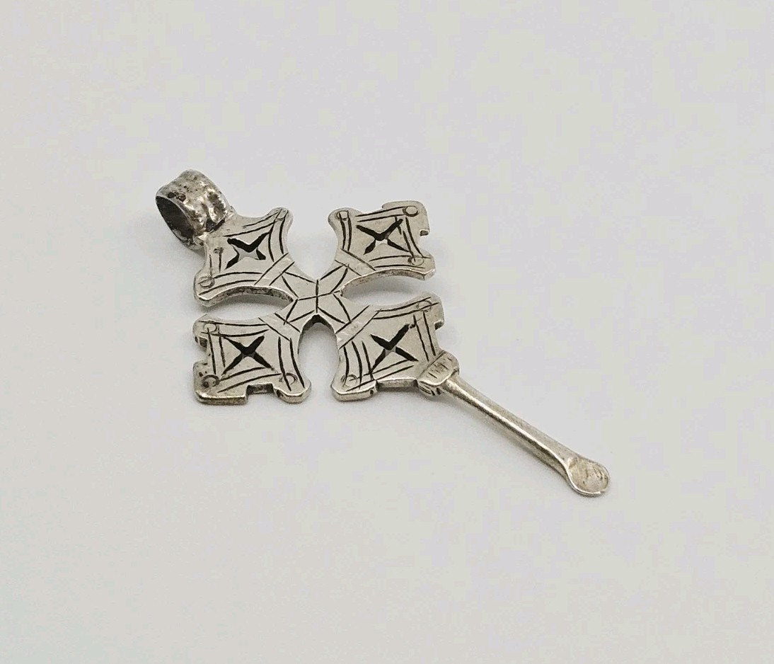 Sterling Silver Antique Ethiopian Cross Ear Cleaner Or Snuff Spoon Pendant 2.5" View 2