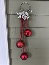 Holiday Christmas 3 Red Metal ball bells Wall Door Knob Hanger Silver Bow jingle