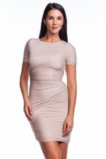 Halston Heritage Short Sleeve All Over pleated Chiffon Dress SILK RAIN Mini Fit