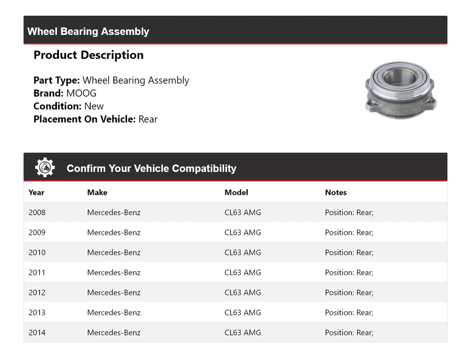 Задний подшипник колеса в сборе для Mercedes-Benz CL63 AMG 2008-2014 годов выпуска MOOG 2008 2009 годов выпуска - Изображение 2 из 4