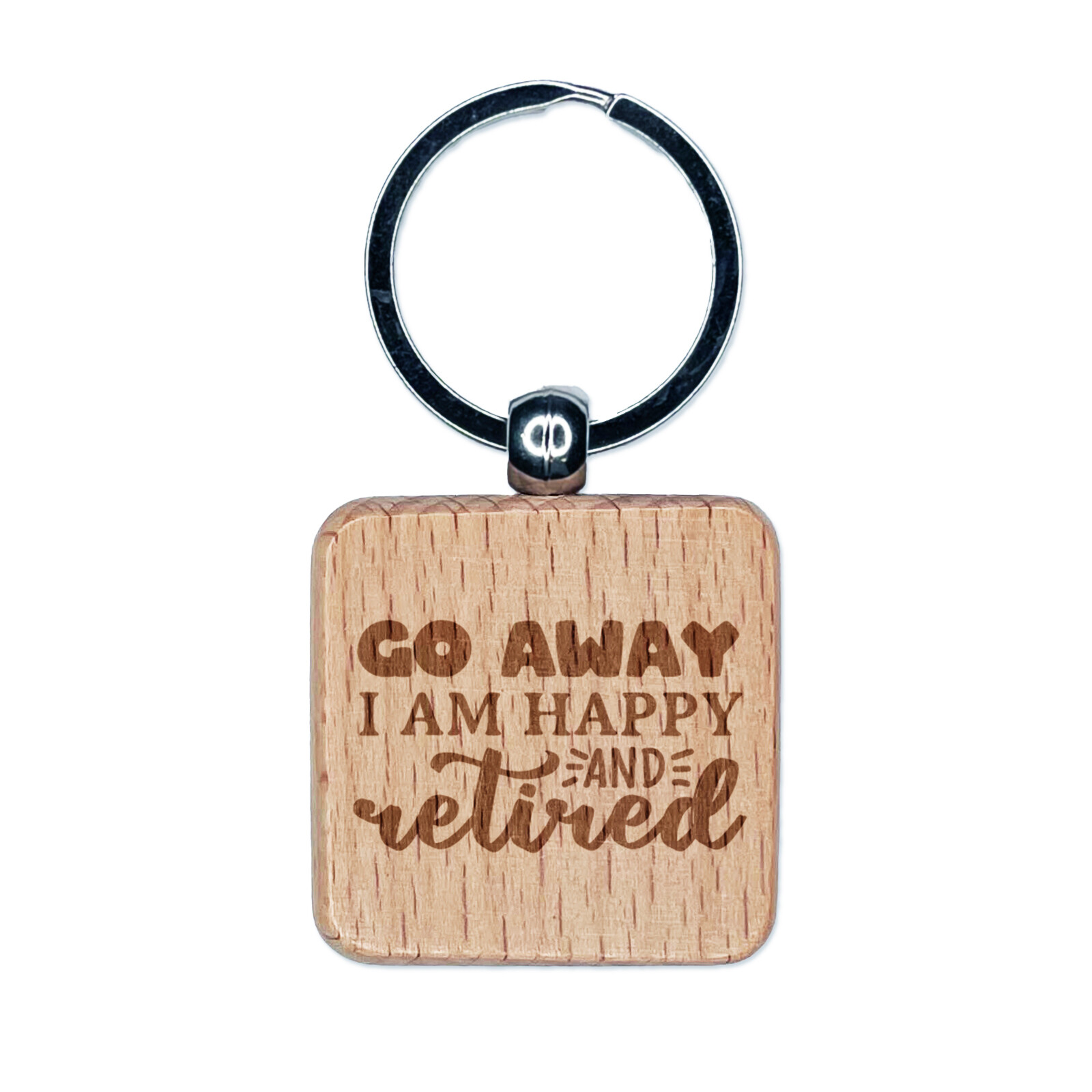 Retired and Happy Engraved Wood Keychain Tag Charm