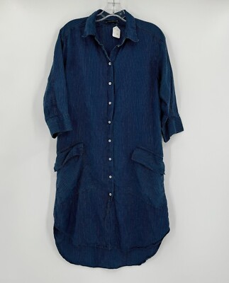 Cop Copine Womens Blue Striped Linen Blend Button Enyo Shirt Dress Sz 36