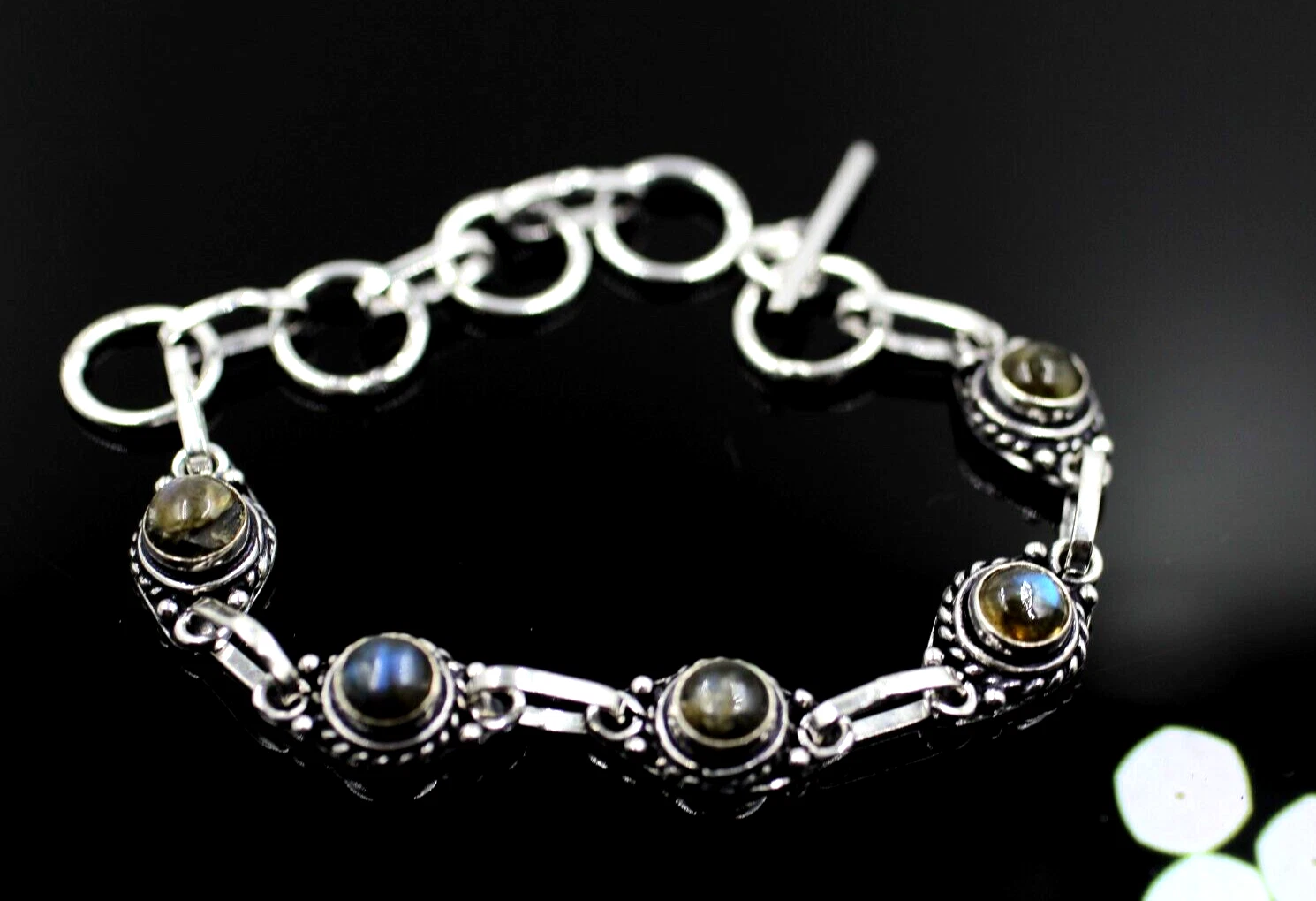VALENTINO Bracciale Labradorite Naturale Argento Sovrapposizione Ottone Bracciale Moda 8" Pollici