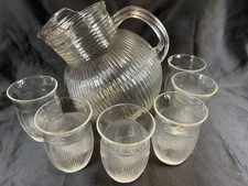 Hazel Atlas Fine 6  Rib Clear Tumblers and Ball Pitcher Depression Glass 5582
