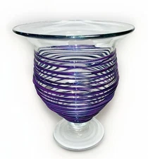Hand Blown Art Glass w/applied Amethyst Purple Wrapped Swirled Vase