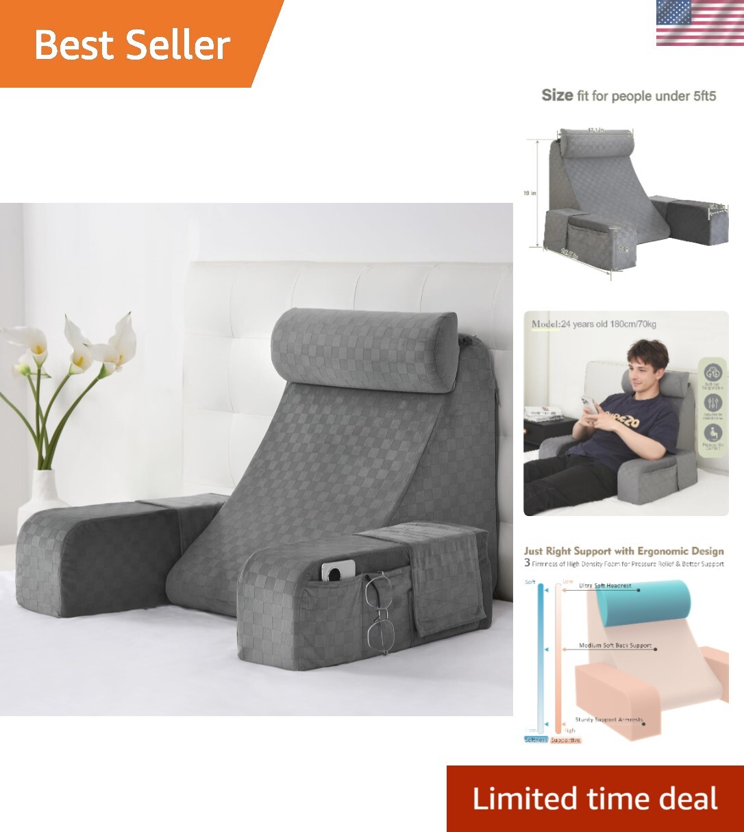 Foam Reading Pillow with Arm Support and Large Pockets in Grey