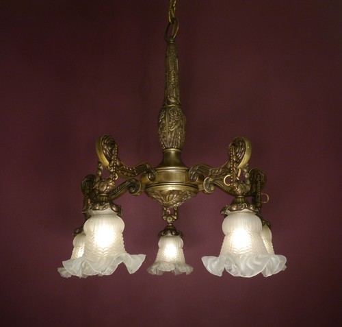 ANTIQUE ART DECO BRONZE CHANDELIER 5 LIGHT SATINED GLASS c.1920 21.26”