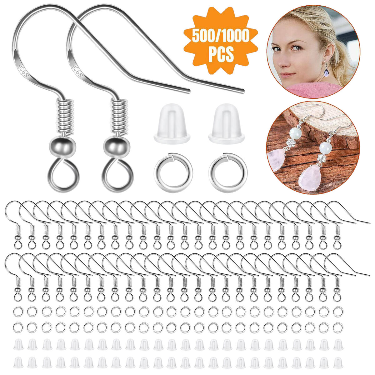 1000PCS DIY Jewelry Making Findings 925 Sterling Silver Earring Hooks Ear  Plugs (#144364589614)