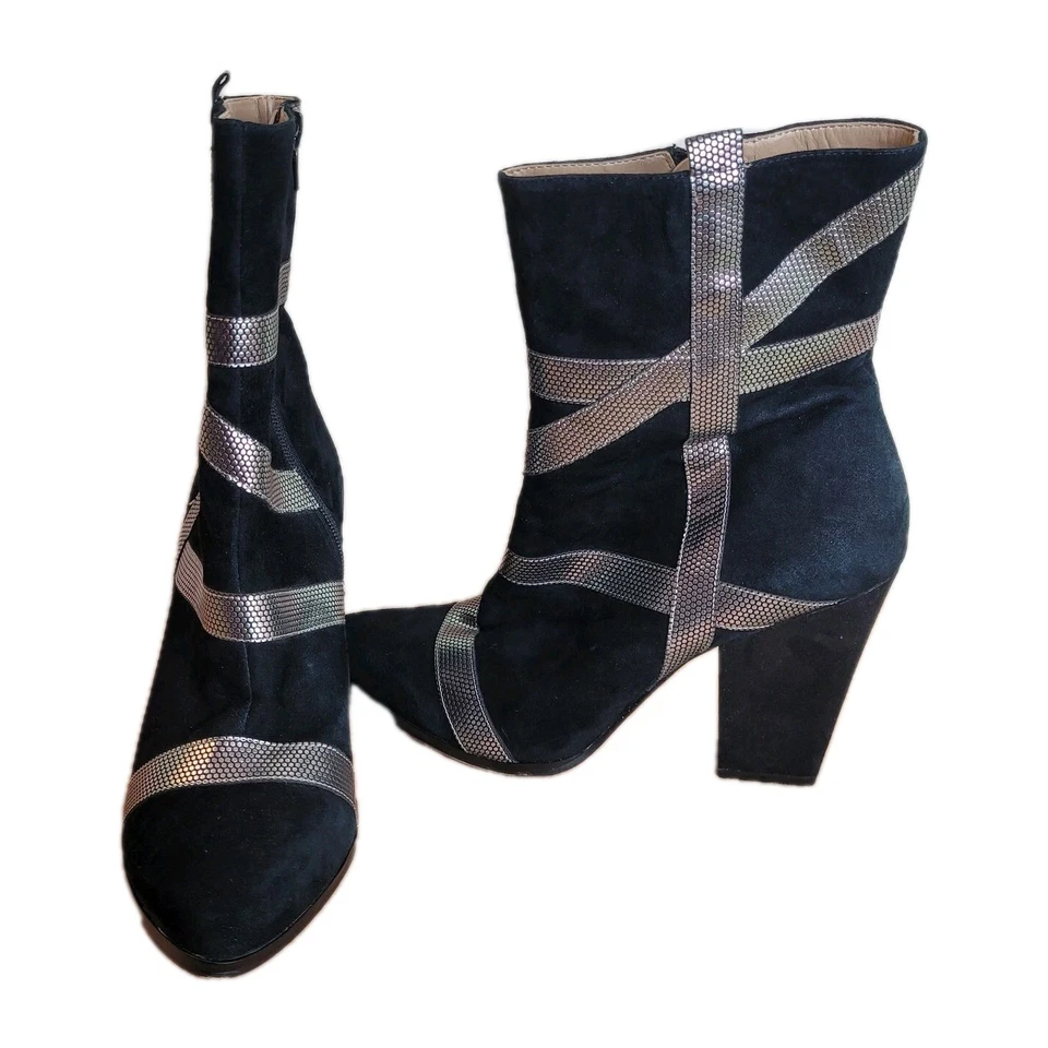 Botines de gamuza negros talla 9 Paris Hilton plateados metálicos a rayas Y2K vintage Foto 4 de 4
