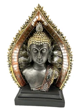 Buddha Head Bust Statue with Ornate Frame Bronze Gold Resin Asian Zen Home Decor