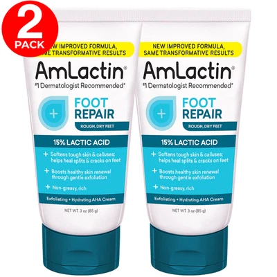 AmLactin Foot Repair Cream 15% Lactic Acid for Dry Rough Cracked Feet 3oz - 2 PK
