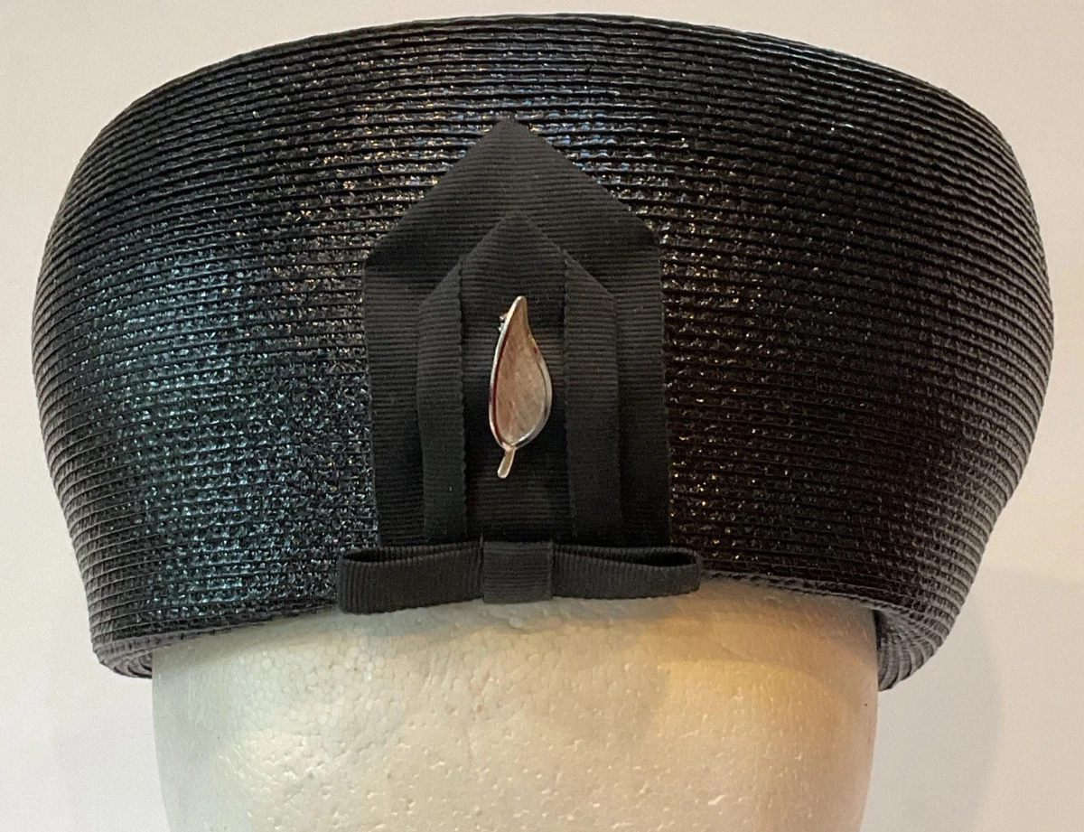 Vintage Black Woven Straw Pillbox Cage Hat Buffums Pinehurst 22\